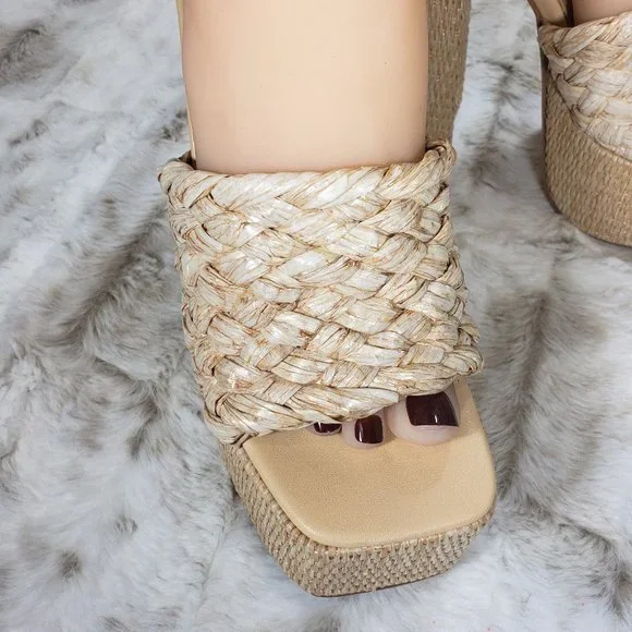 ☆ Cape Robbin Yara Nude Braided Strap High Block Heel Slip On Heeled Sandals - Picture 5 of 15